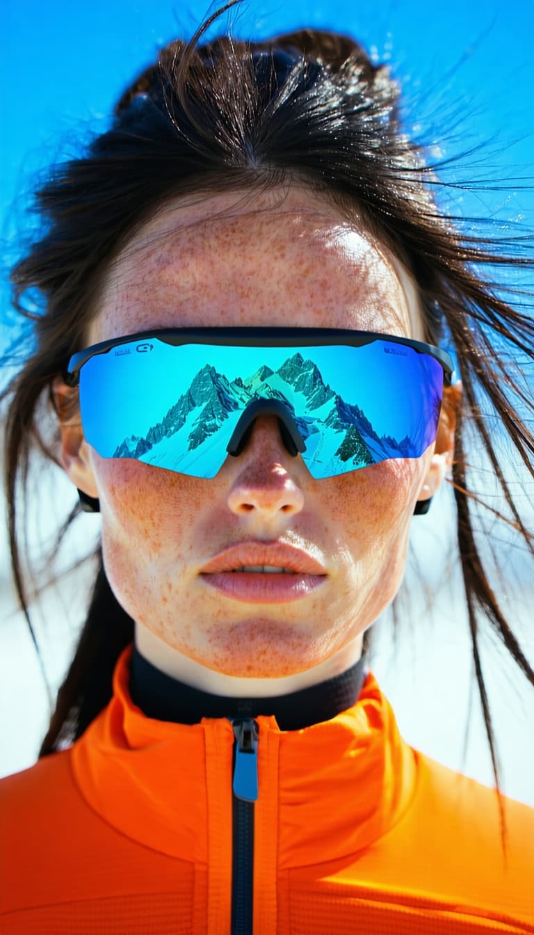 Surreal minimalist portrait of a professional female cyclist with black hair and freckles, she is facing the camera. She wears aerodynamic running sport glasses, their lenses vividly reflecting a mountain landscape. Set beneath a crystal-clear blue sky, the scene is bathed in soft natural lighting. Dominant color palette of rich blue and vibrant orange. Clean composition, high detail, cinematic atmosphere