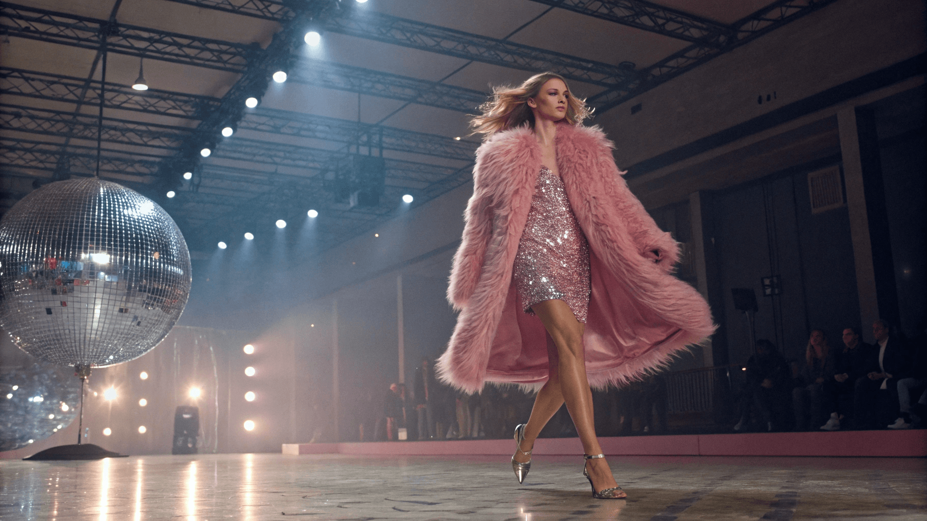 Fashion film still, model on Milan runway in shimmering barbie pink shearling coat, icy wind blowing fur, slow-motion stride, sequin mini dress underneath, disco ball reflections on floor, retro glam lens flare, 35mm cinematic grain, 1970s Vogue aesthetic