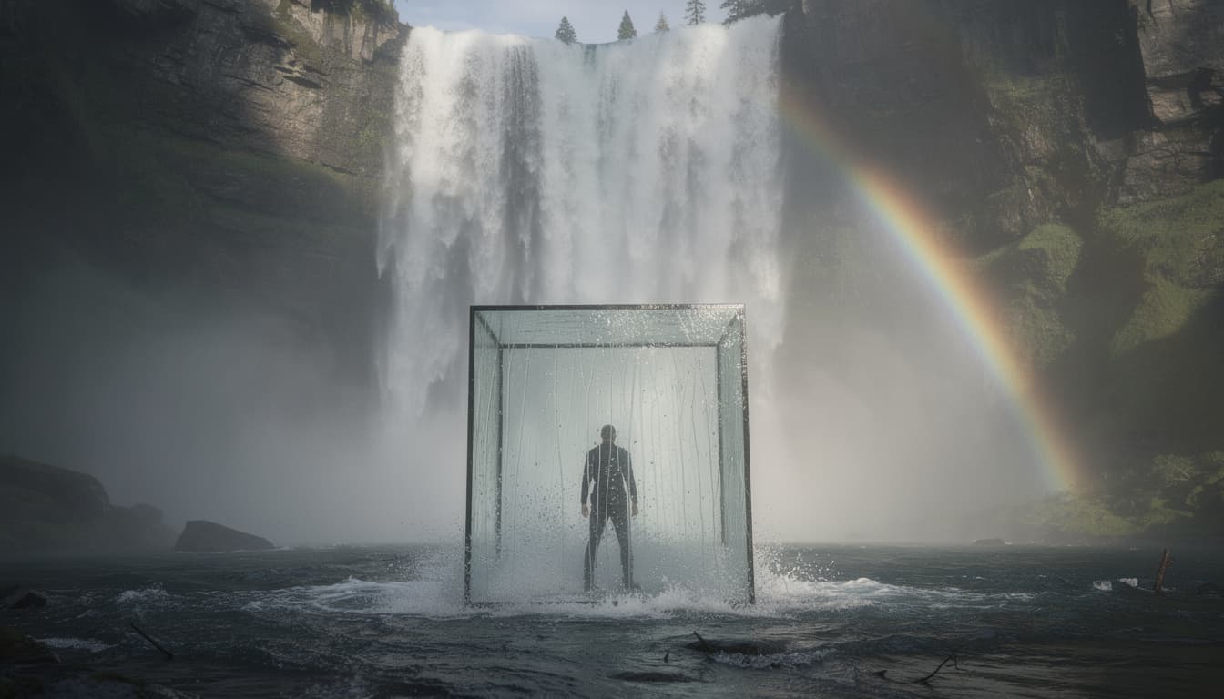 A PERSON INSIDE A TRANSPARENT CUBE PLACED AT THE BASE OF A GIANT WATERFALL, MIST COVERING THE SURROUNDINGS, RAINBOW APPEARING THROUGH THE SPRAY. CINEMATIC TENSION BETWEEN FRAGILITY AND POWER