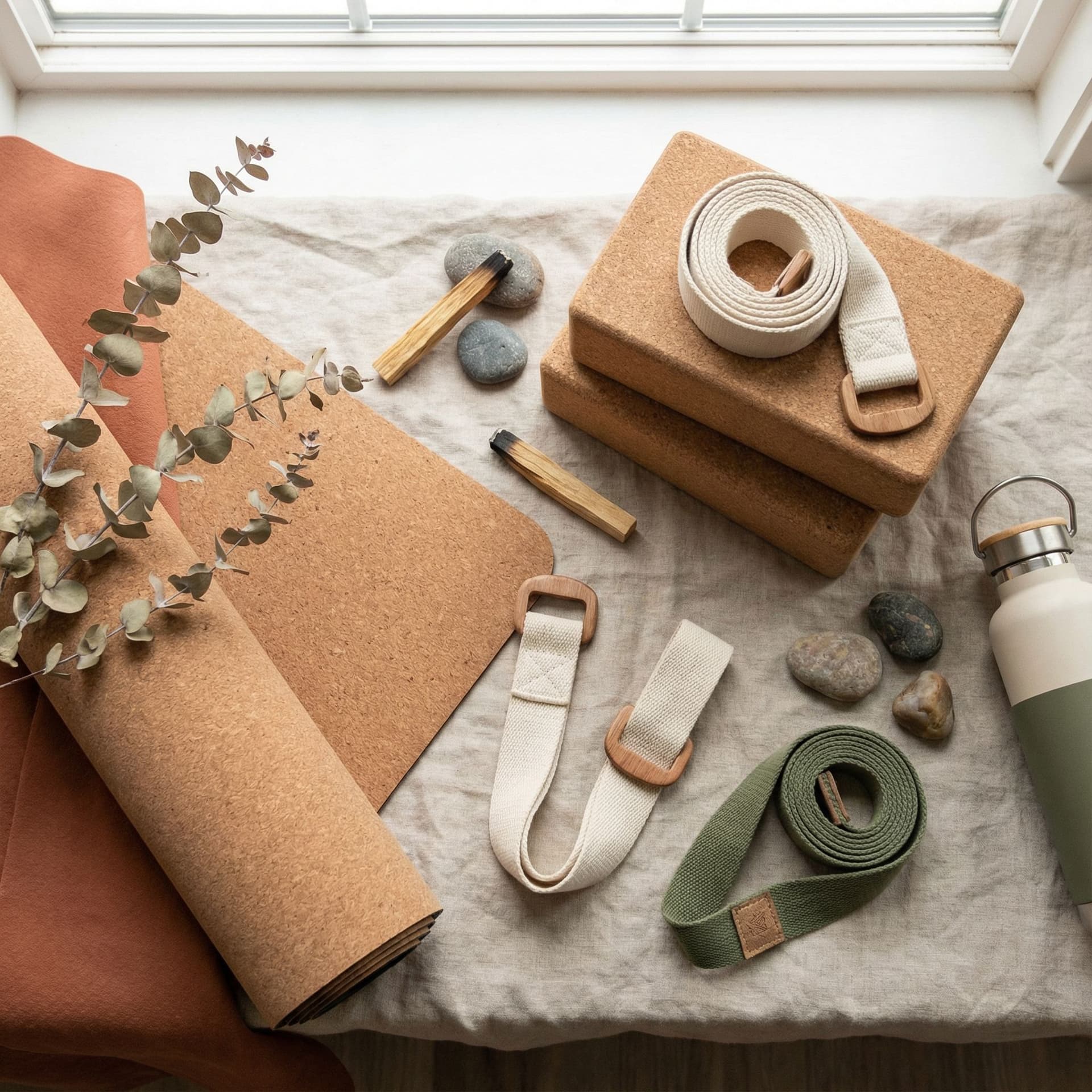 Flat lay of eco-friendly yoga gear, including mat, blocks, and straps, styled aesthetically