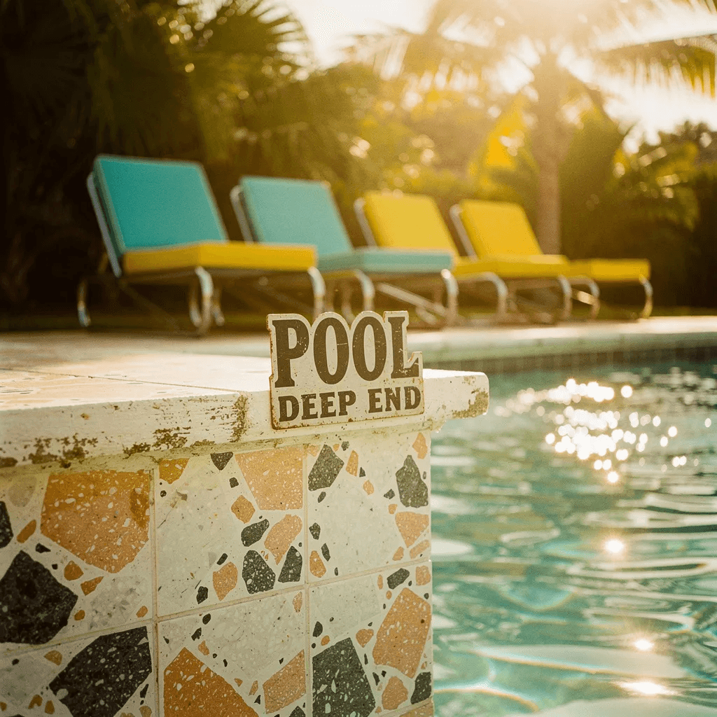 Sun-drenched poolside patio with bold terrazzo tiles and vintage lounge chairs in turquoise and yellow. Shot on Kodachrome film with a Hasselblad 500C, warm golden afternoon sunlight, dramatic lens flare, punchy oversaturated colors with that distinctive 70s yellow-orange cast