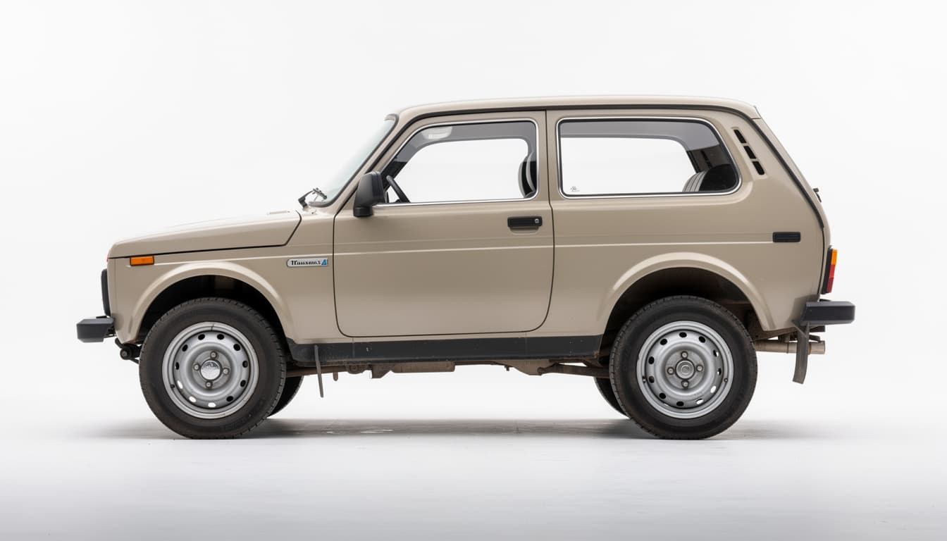 a 1996 Lada niva 4x4 car is photographed in a pure white cyclorama studio setting, positioned to show its complete side profile from front back. The rugged off road vehicle's distinctive body lines