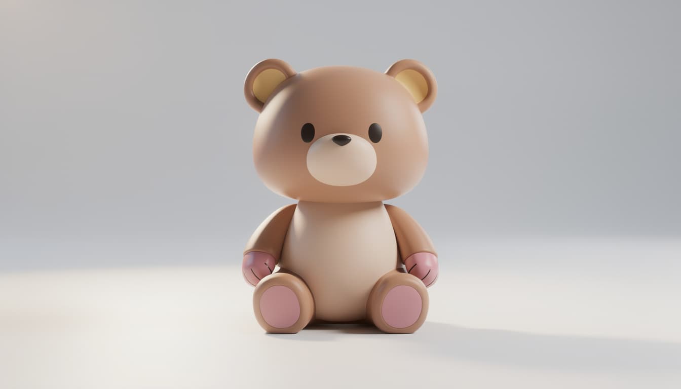 volumetric 3D model toy Bear. Add subtle lighting, soft shadows, and a clean modern aesthetic to enhance the stylized look. Keep the playful charm but elevate it with polished 3D rendering.