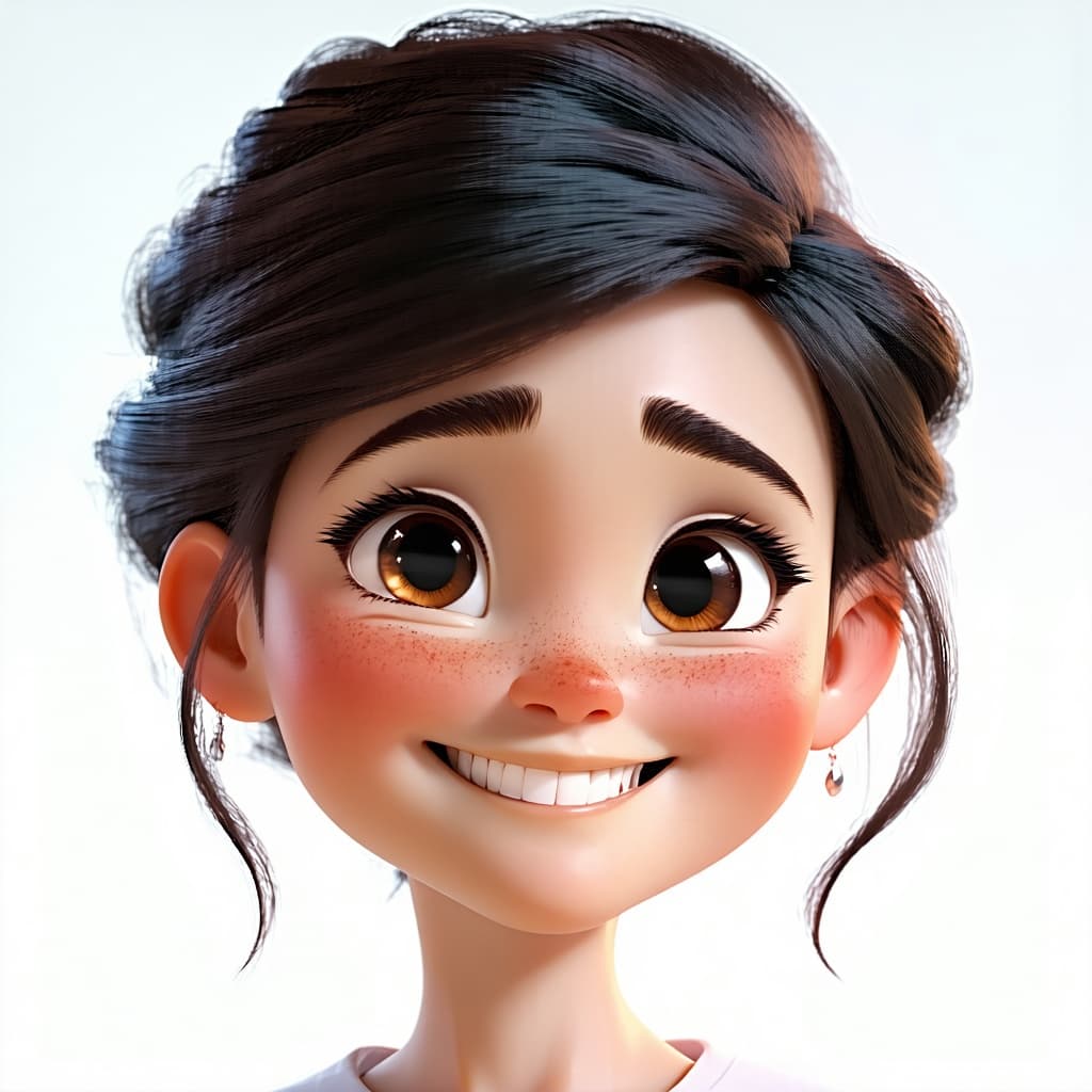 3D avatar of a girl, with a happy face on a white background. Conceptual playlist style digital art with Pixar quality aesthetics --v 6.1 --stylize 250