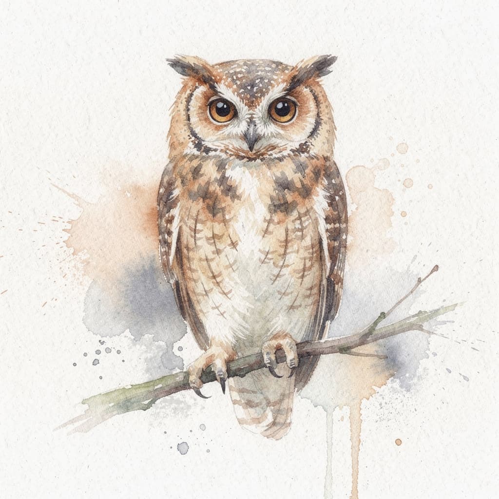 Create an image of an owl drawn with watercolor paint