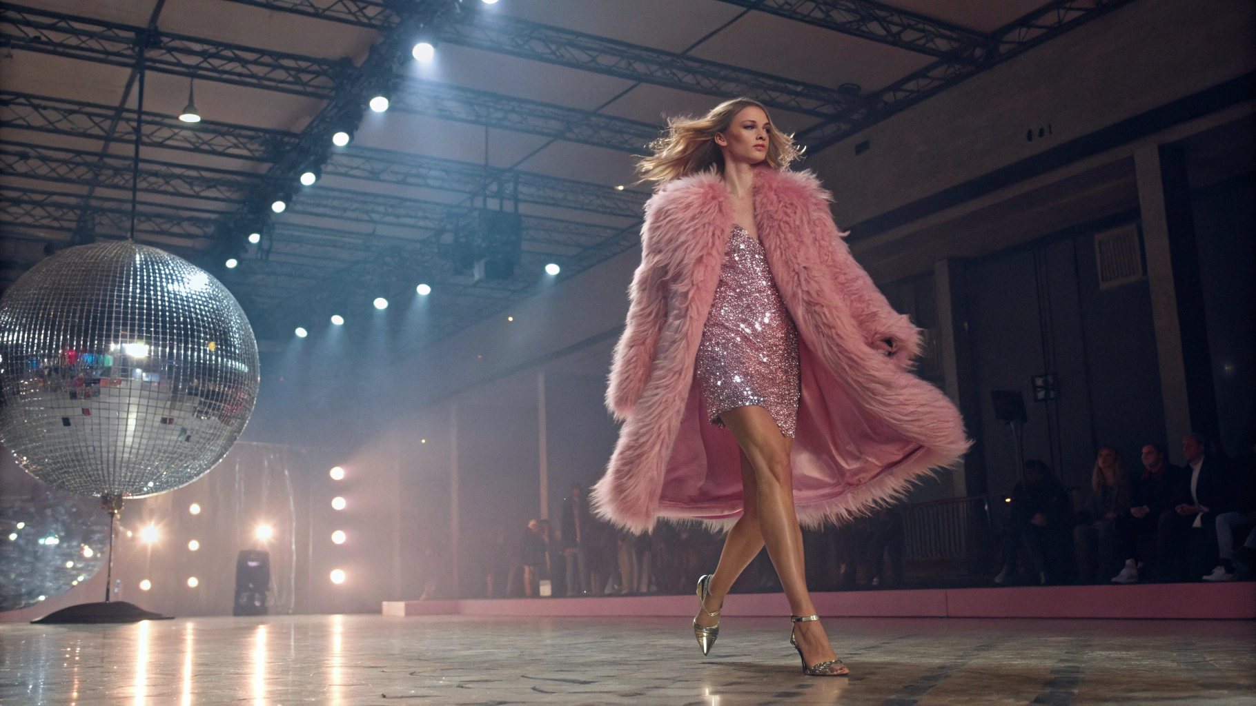 Fashion film still, model on Milan runway in shimmering barbie pink shearling coat, icy wind blowing fur, slow-motion stride, sequin mini dress underneath, disco ball reflections on floor, retro glam lens flare, 35mm cinematic grain, 1970s Vogue aesthetic