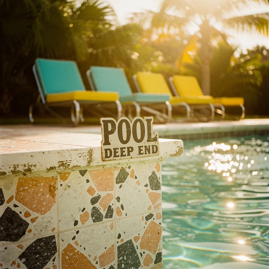 Sun-drenched poolside patio with bold terrazzo tiles and vintage lounge chairs in turquoise and yellow. Shot on Kodachrome film with a Hasselblad 500C, warm golden afternoon sunlight, dramatic lens flare, punchy oversaturated colors with that distinctive 70s yellow-orange cast