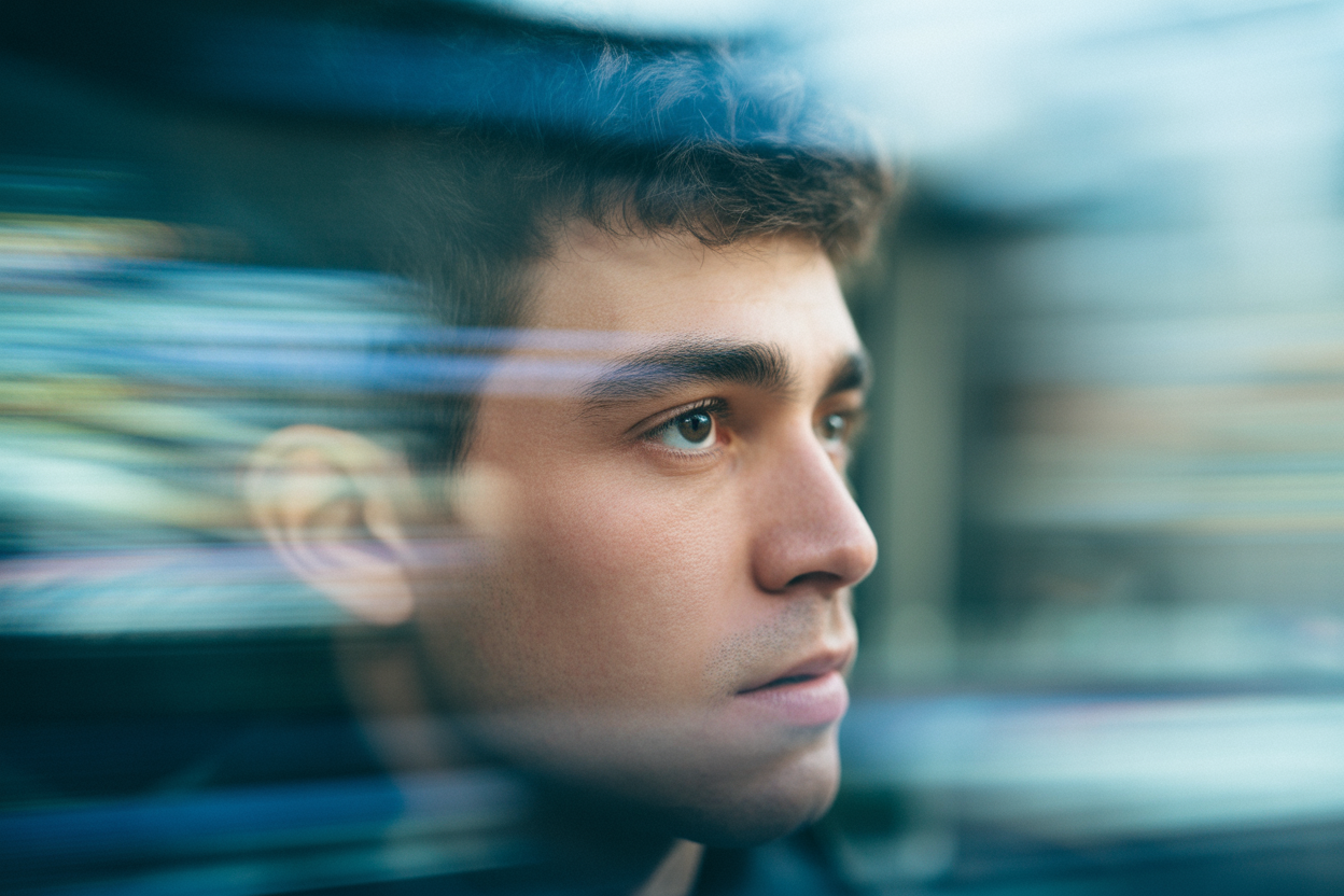 A color film-inspired portrait of a young man looking to the side with a shallow depth of field that blurs the surrounding elements, drawing attention to his eye. The fine grain and cast suggest a high ISO film stock, while the wide aperture lens creates a motion blur effect, enhancing the candid and natural documentary style.