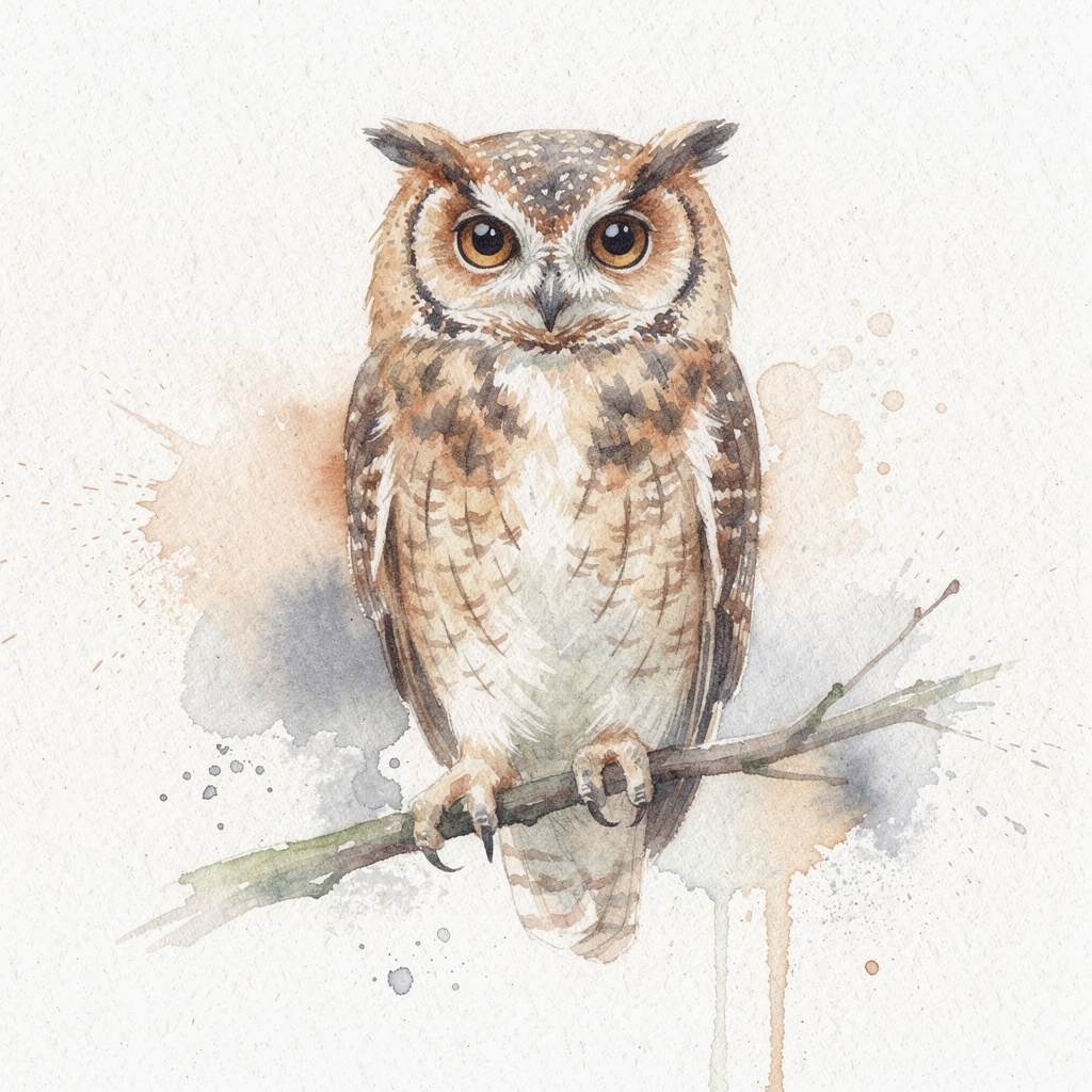 Create an image of an owl drawn with watercolor paint